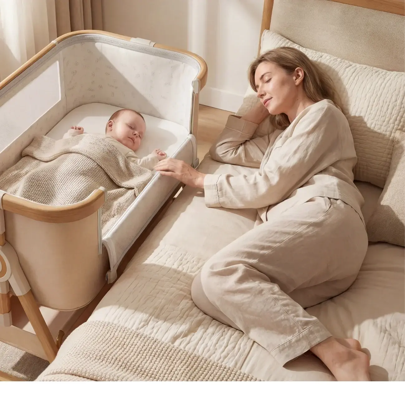 Amari Beige Wooden Co-Sleeper cot in a nursery setting