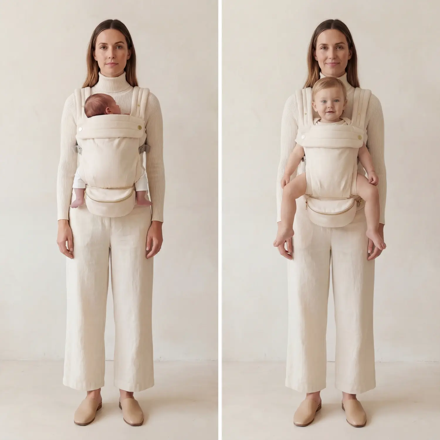 Parent carrying baby in the Amari Pastel Edition Carrier showing ergonomic M-position