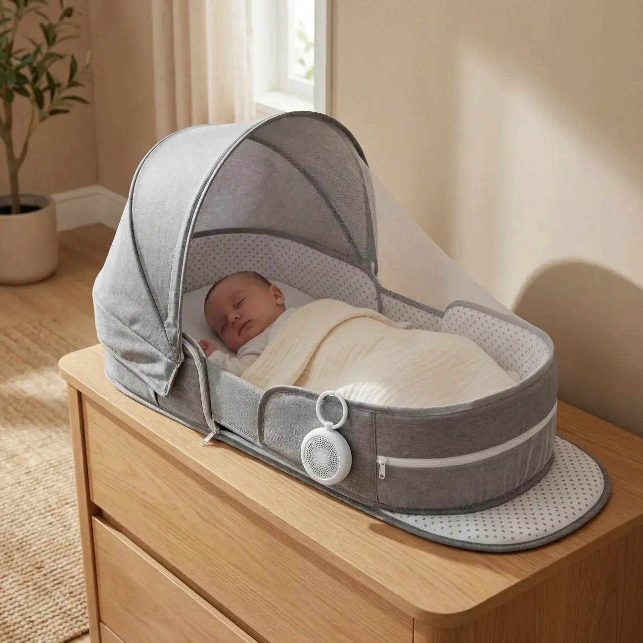 Amari White Noise Machine attached to the Amari Baby Nest