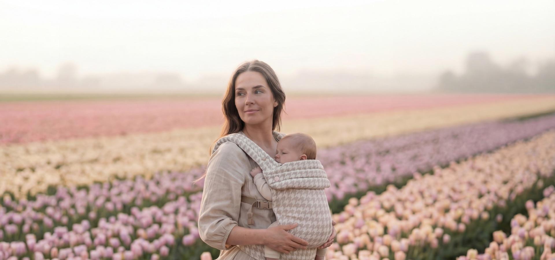 Mother holding baby in a tulip field at sunrise